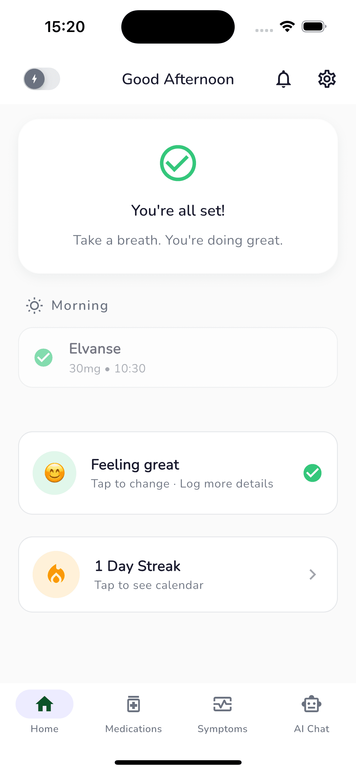 Dozly app dashboard showing medication reminders, mood check-in, and streak tracking